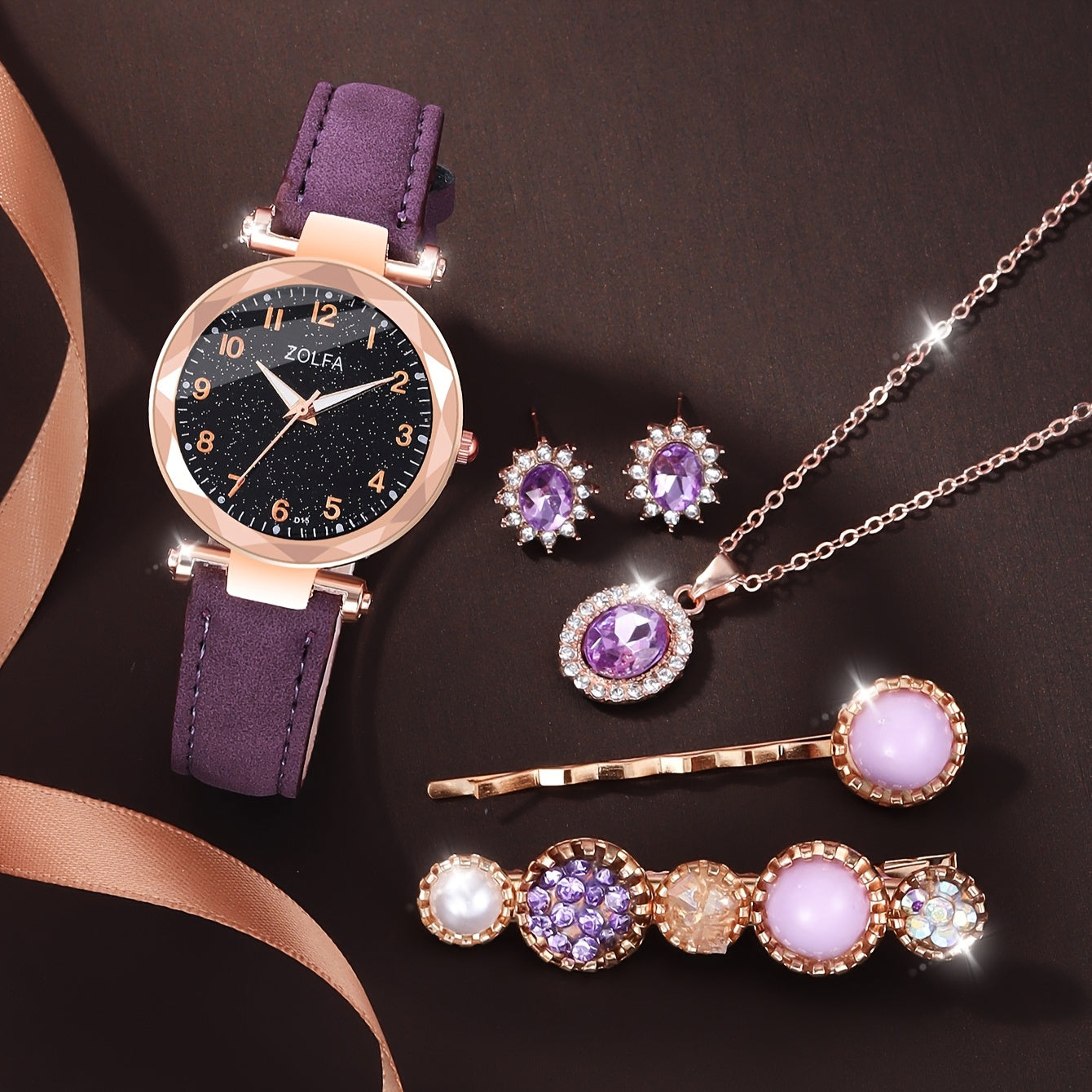 6pcs Purple Quartz Watches For Women Pu Leather Wrist Watch Alloy Pointer Jewelry Set Great Gift For Her Mom Girlfriend Gifts For Eid