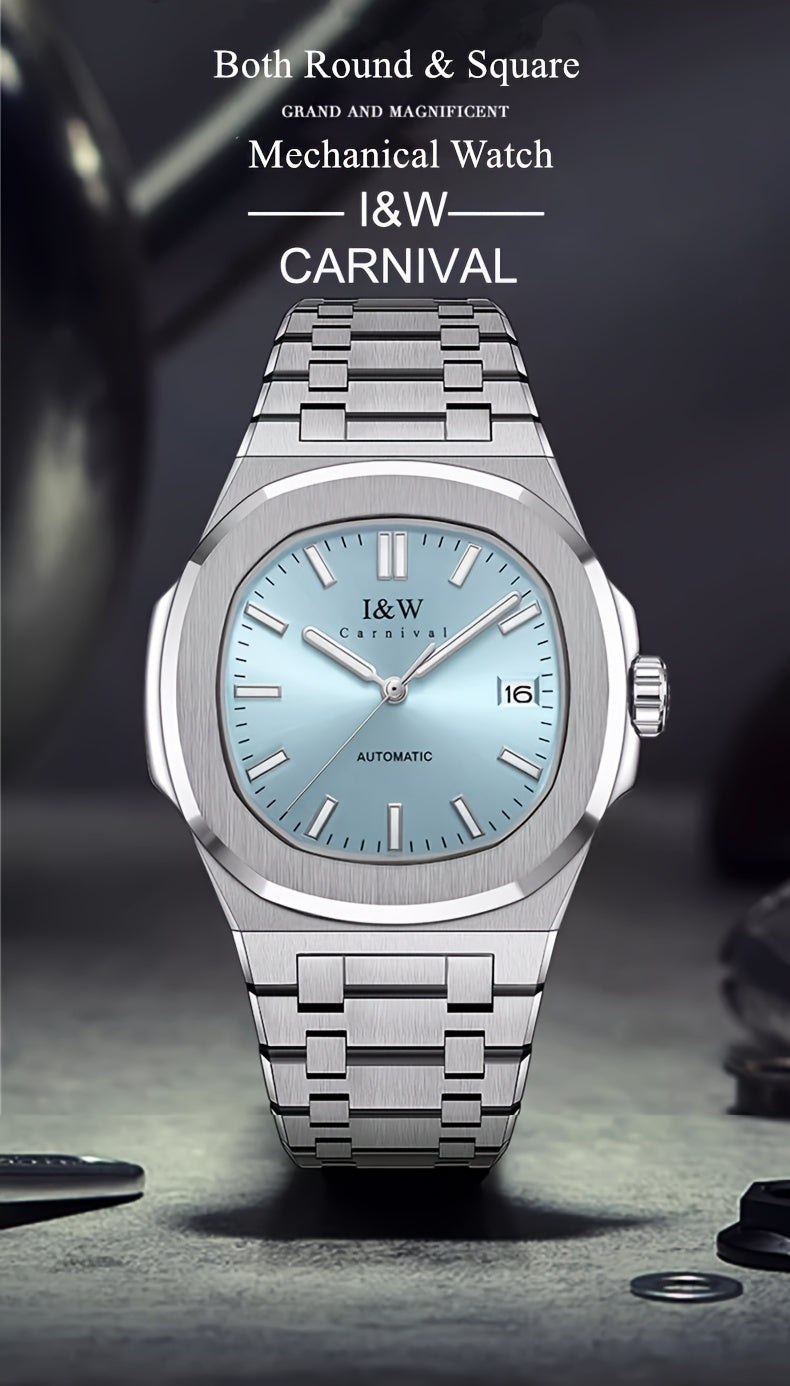 I&W CARNIVAL Men's Automatic Mechanical Watches, Waterproof Strong Luminous Full Steel Auto Date Watch