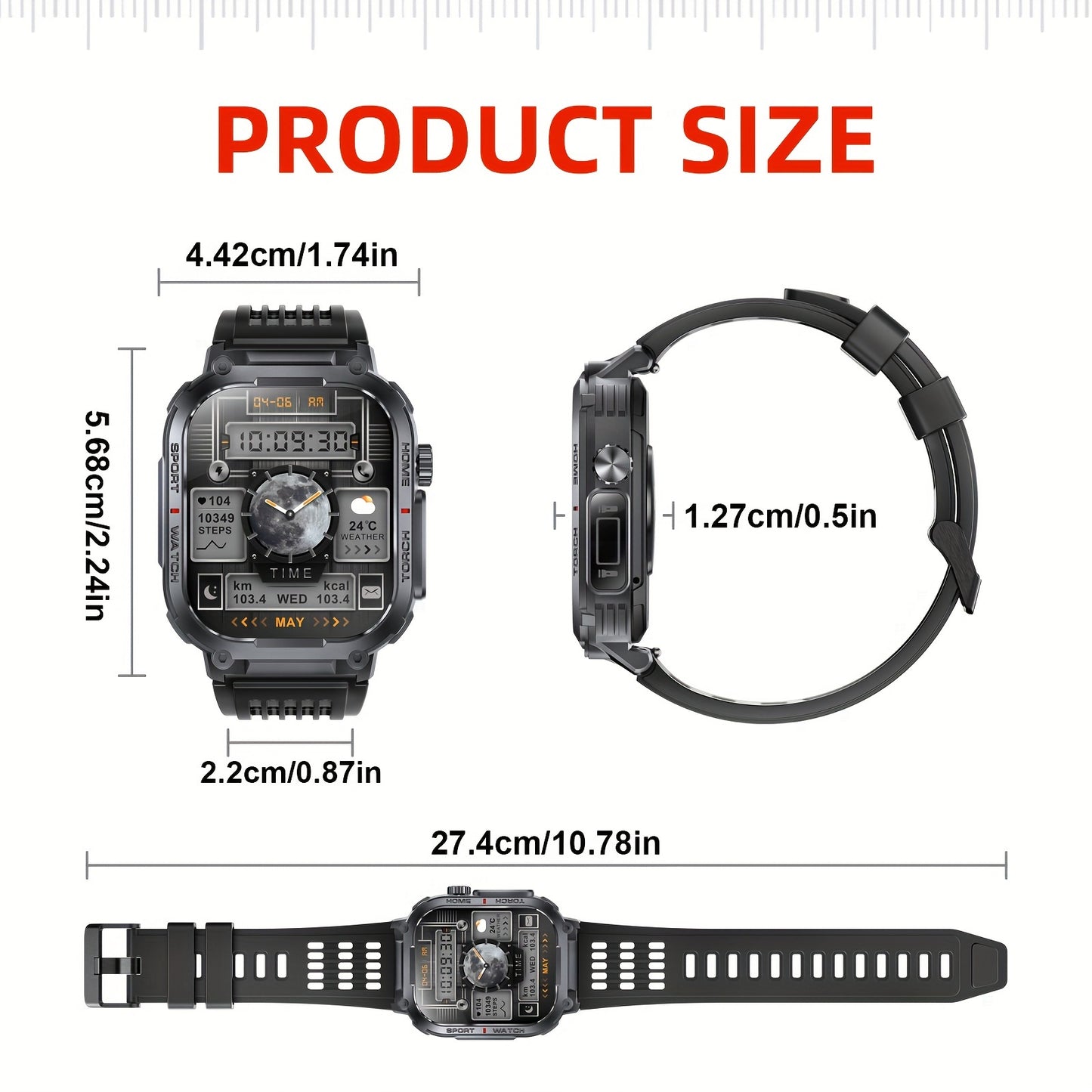 2.02" Smartwatch IP68 Waterproof for Men Women, Answer/Dial Calls Watch with LED Flashlight, Full Touch Screen Compatible with iPhone and Android Phones - Black