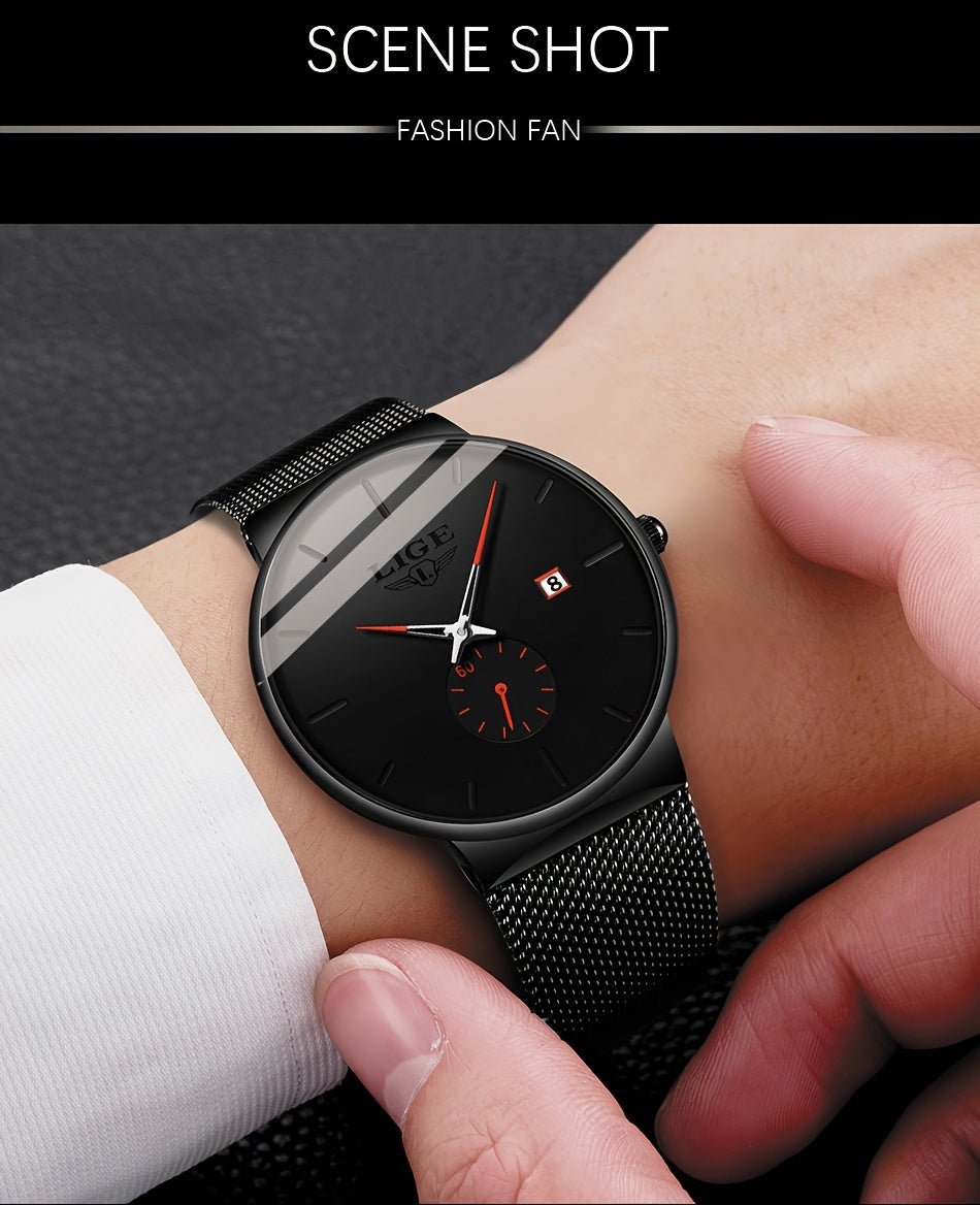 LIGE Minimalist Casual Men's Watch with Stainless Steel Mesh Belt. Leisure Fashion Men's Business Quartz Watches. Waterproof Calendar Wristwatch. Suitable for Gifts to Men.