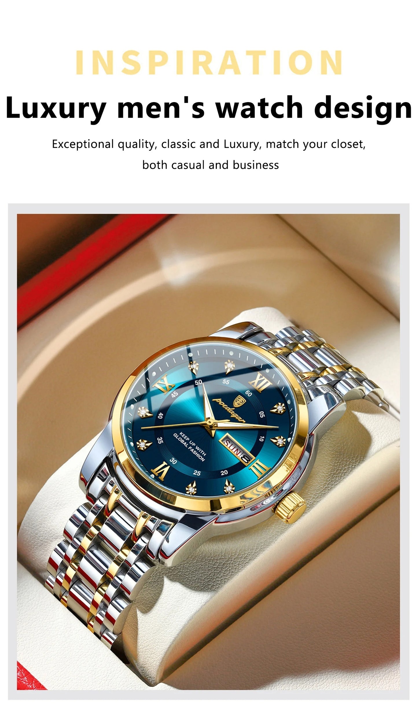 Elegant Date Week Waterproof Luminous Quartz Watch, Stainless Steel Sports Men's Watches