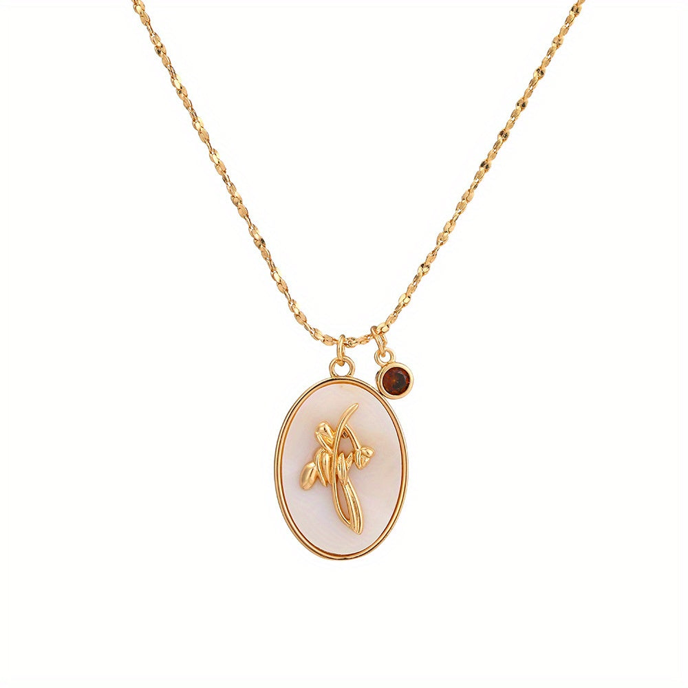 1pc Vintage Elegant 3D Birth Flower Pendant Necklace, 14K Golden Plated Copper with Synthetic December Birthstone, Oval White Shell Charm for Daily & Gift Occasions, Valentine'S Day Jewelry