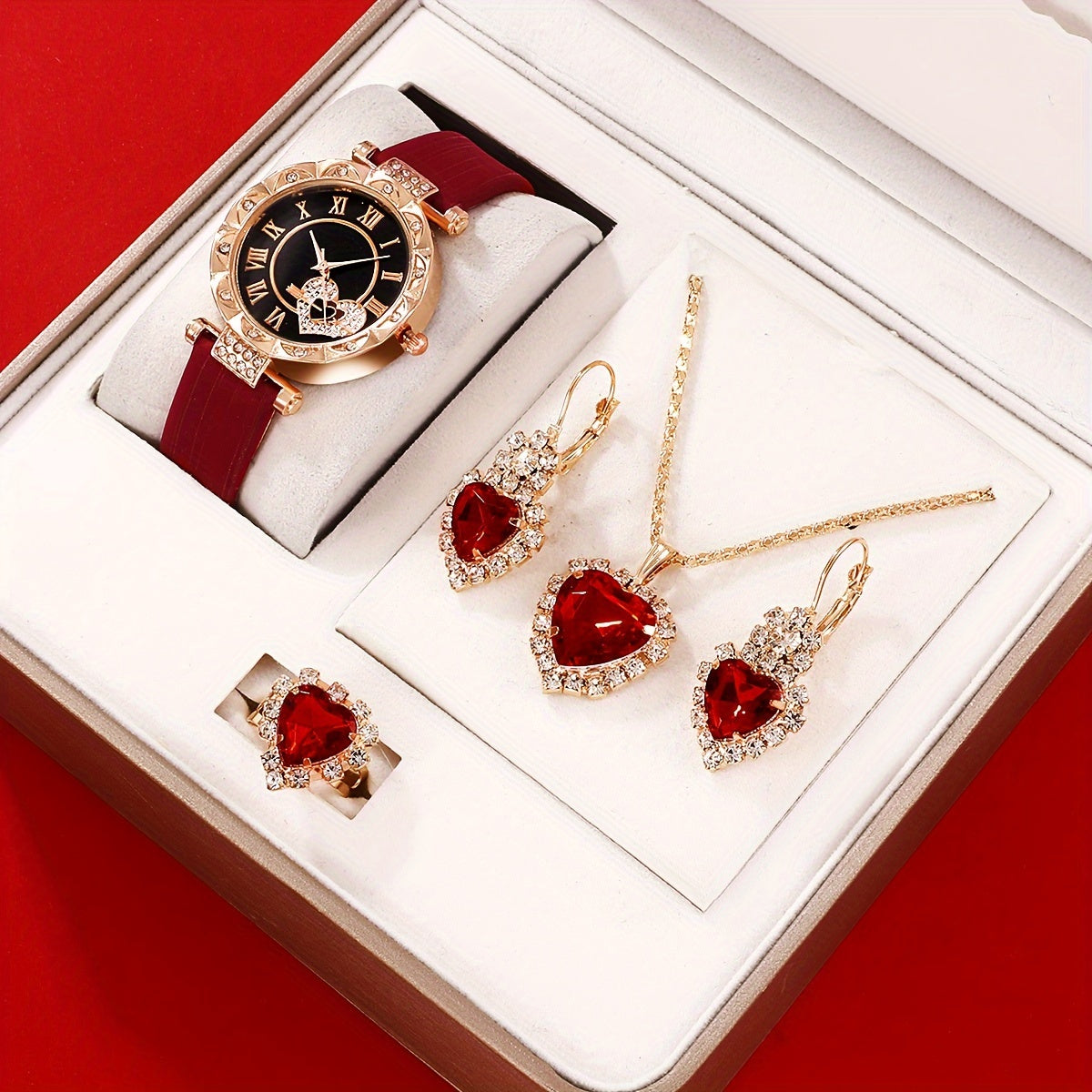 5 Pcs Red Quartz Watches PU Leather Strap Zinc Alloy Pointer Zinc Alloy Dial And Rhinestone Necklace Ring Jewelry For Valentine's Day, Easter Ramadan, Birthday, Mother's Day Gifts For Eid