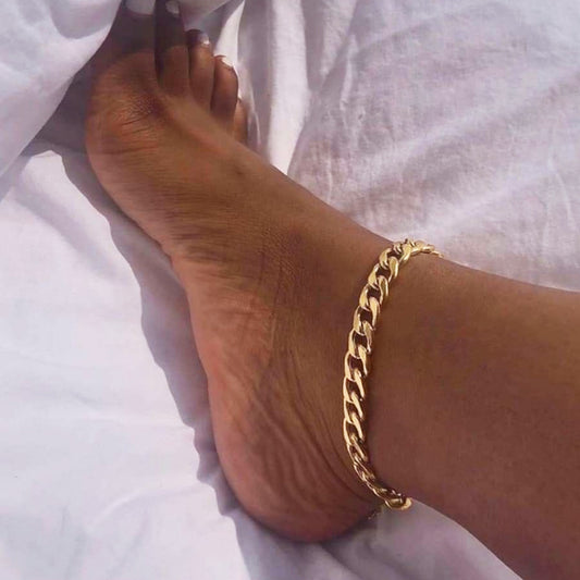 [1pc Golden Cuban Chain] 1pc Golden Titanium Steel Cuban Chain Anklet | Versatile & Durable, Perfect for Casual Attire, Vacation Style Jewelry for Women | Minimalist Anklet, Polished Golden Finish