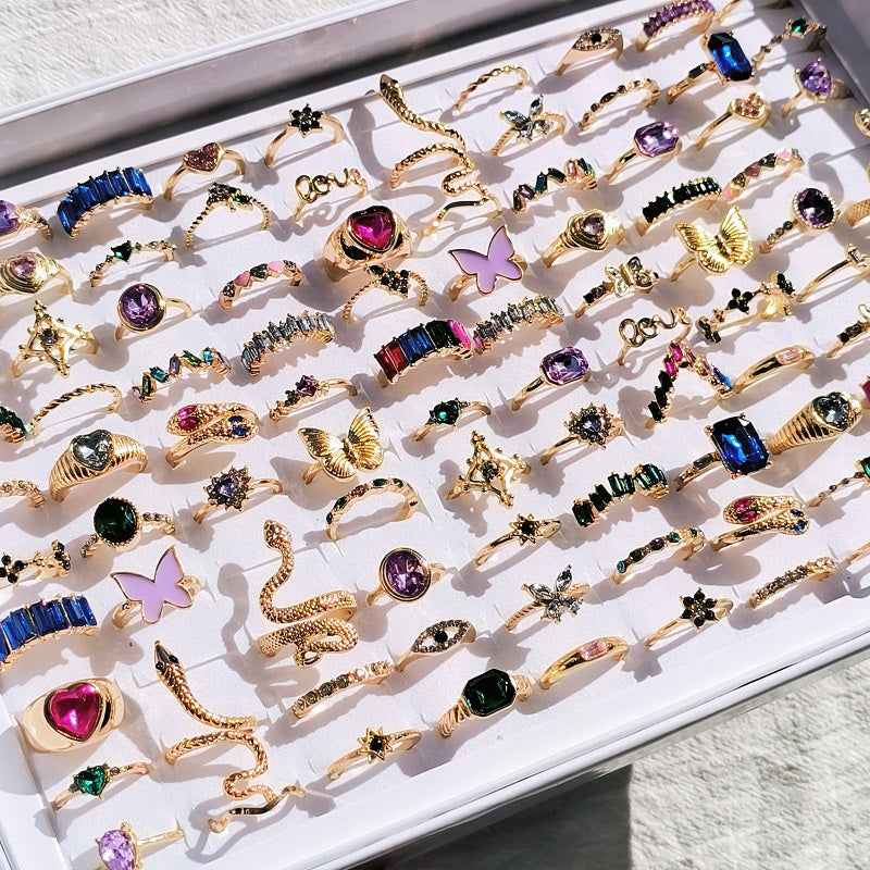 20pcs/Lot Trendy Colorful Rings for Women Mix Design Luxury Butterfly Snake Finger Ring Jewelry Set Wholesale