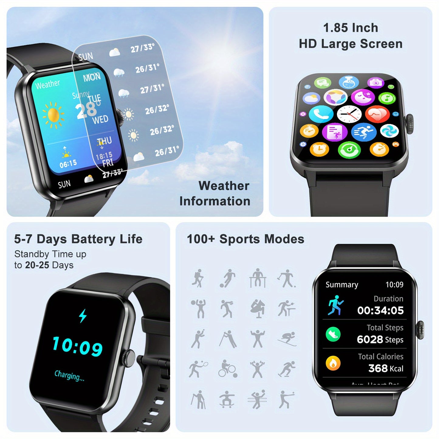 Smart Watch (Answer/Make Call), 1.85" Smart Watches for Men Women Waterproof, 100+ Sport Modes, Fitness Activity Tracker, Health Sleep Monitor, Pedometer, Smartwatch for Android iOS