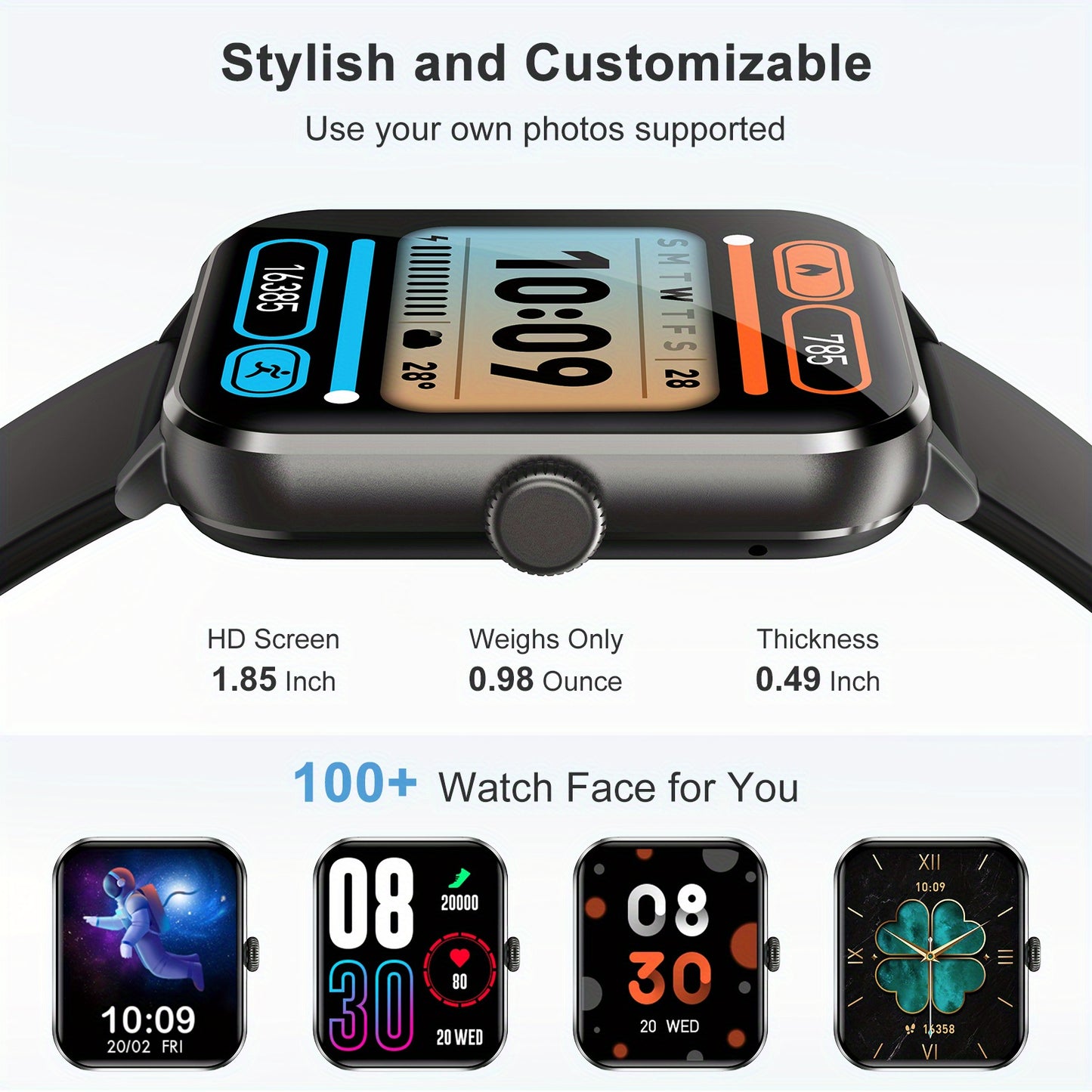 Smart Watch (Answer/Make Call), 1.85" Smart Watches for Men Women Waterproof, 100+ Sport Modes, Fitness Activity Tracker, Health Sleep Monitor, Pedometer, Smartwatch for Android iOS