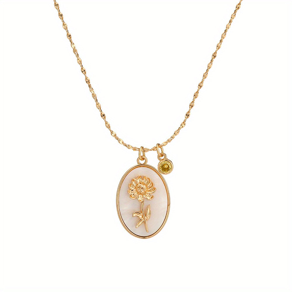 1pc Vintage Elegant 3D Birth Flower Pendant Necklace, 14K Golden Plated Copper with Synthetic December Birthstone, Oval White Shell Charm for Daily & Gift Occasions, Valentine'S Day Jewelry