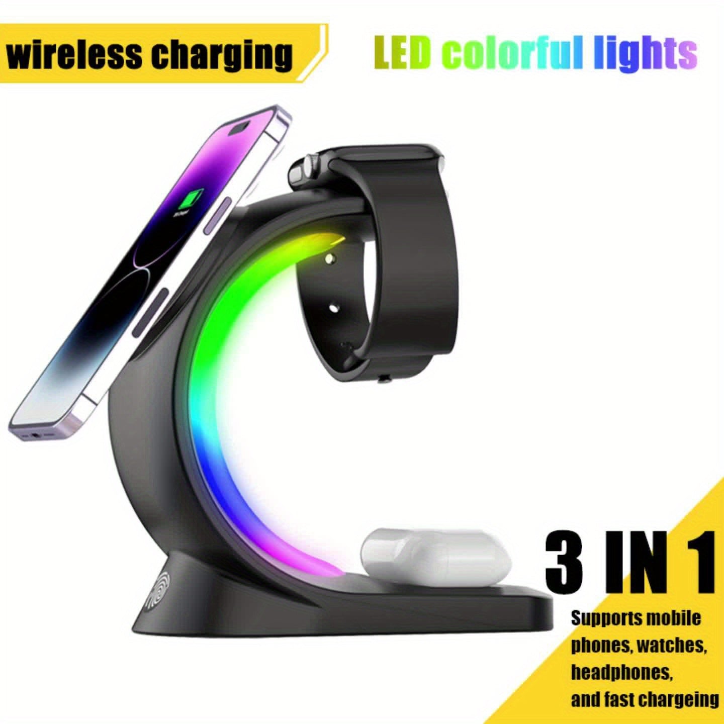 Wireless Charging Station - A Three-in-one Wireless Charging Dock For Watches, Earphones, And Mobile Phones, Suitable For IWatch 8/7/SE/6/5/4/3/2, IPhone 15 14 13 12 Pro Max, With Adjustable Night Light Bedside Lamp And Color