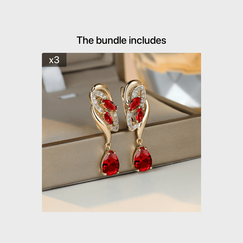 ANGOL Romantic Flower Dangle Earrings for Women - Golden-Tone Floral Design with Red & Clear Synthetic Gemstones, Elegant Party & Everyday Jewelry Gifts