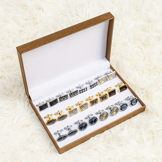 12 Pairs Exquisite Wedding Cufflinks Collection - Multiple Styles, Creative Jewelry Designs, Gift Box Packaging, Ideal for Groomsmen, Father of the Bride, and Wedding Party