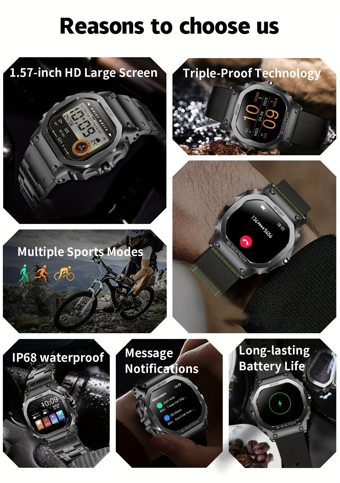 ساعة ذكية جديدة للرجال مقاس 1.57 بوصة رياضية خارجية مع إمكانية الرد على المكالمات/إجرائها متوافقة مع هواتف iPhone وAndroid طراز G-SHOCK