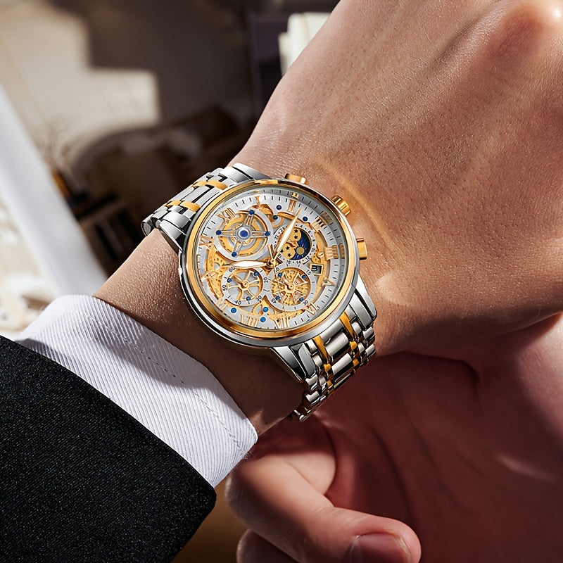 LIGE Noble Luxury Business men's Watch Stainless Steel Strap. Fashion Creative Gear Dial Waterproof Luminous Calendar Quartz Watches. Suitable for family gatherings as gifts