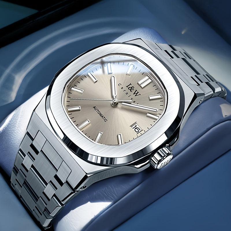 I&W CARNIVAL Men's Automatic Mechanical Watches, Waterproof Strong Luminous Full Steel Auto Date Watch
