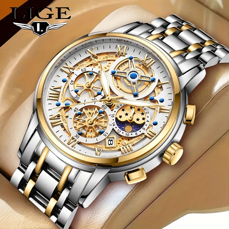 LIGE Noble Luxury Business men's Watch Stainless Steel Strap. Fashion Creative Gear Dial Waterproof Luminous Calendar Quartz Watches. Suitable for family gatherings as gifts