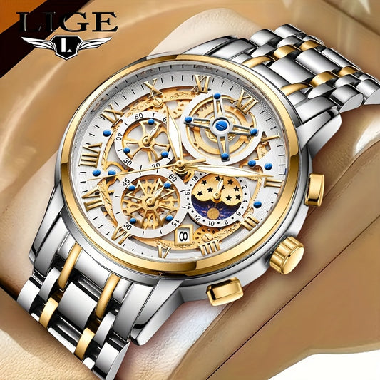 LIGE Noble Luxury Business men's Watch Stainless Steel Strap. Fashion Creative Gear Dial Waterproof Luminous Calendar Quartz Watches. Suitable for family gatherings as gifts