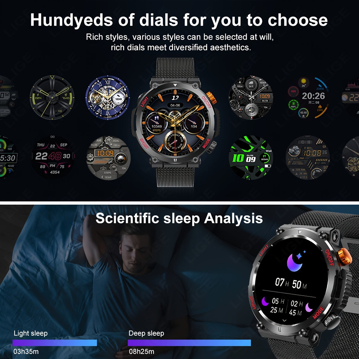 LIGE Smart Watch With 1.46" IPS High-definition Full Touch Screen/LED Lights/IP67 Waterproof/Customized Dials/Data/sports/sports Records/weather/information Reminders, Multi-functional Watches For Android And IPhone, Exquisit