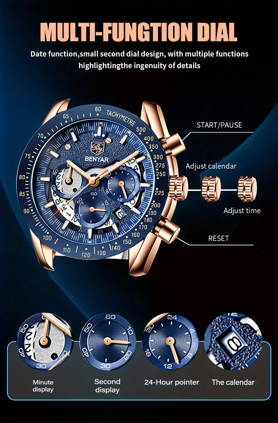 BENYAR Watches For Men Analog Quartz Chronograph Luminous Big Face Mens Watches Business Work Sport Casual Fashion Designer Dress Men'S Wrist Watches Elegant Gift For Men