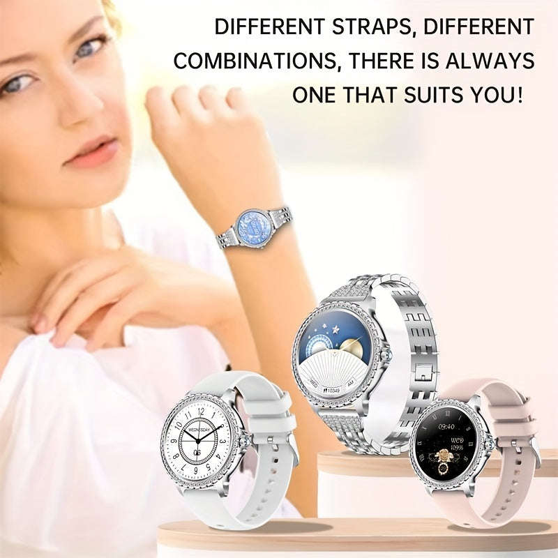 Smart Watch, Full Touch Smart Watches for Android & iPhone Compatible,(Answer/Make Call) Smart Fitness Tracker Watch for Women/Man Smartwatch with Sports/Step, Ideal for Gift (Include Bands:Silver + Beige + Light Pink)