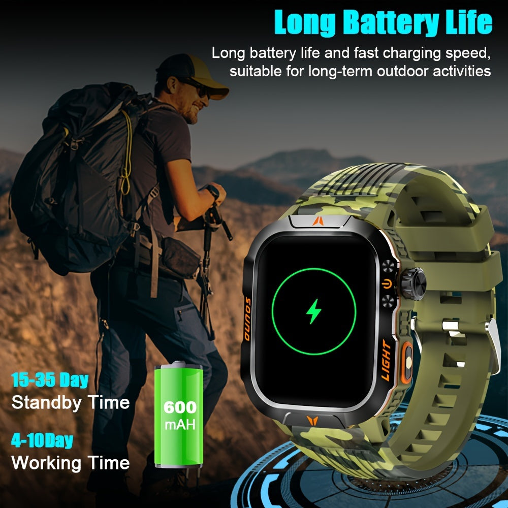 Outdoor smart watch, wireless calling, sports watch, compass, altimeter, barometer, LED flashlight, IP68, pedometer, fitness tracker, multimedia information viewing, weather 100+ sports modes, suitable for Android iPhone, Men
