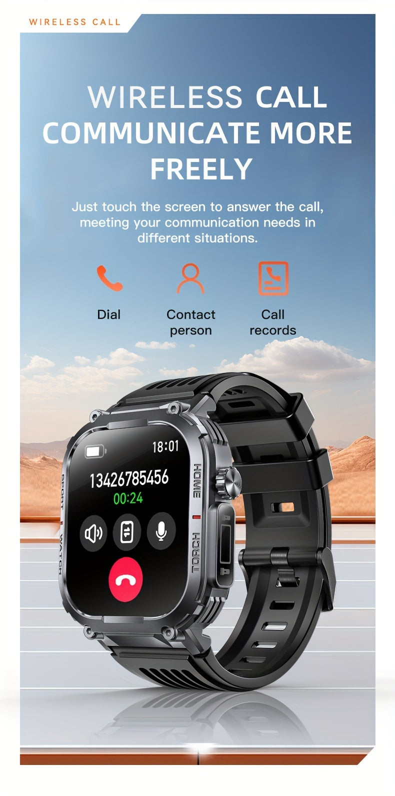 2.02" Smartwatch IP68 Waterproof for Men Women, Answer/Dial Calls Watch with LED Flashlight, Full Touch Screen Compatible with iPhone and Android Phones - Black