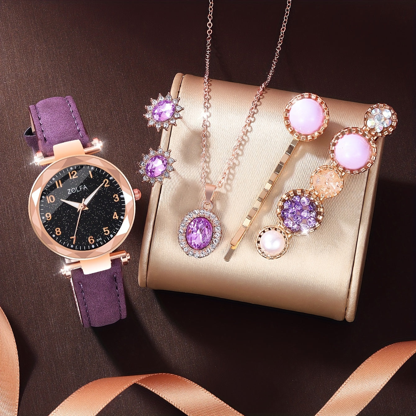 6pcs Purple Quartz Watches For Women Pu Leather Wrist Watch Alloy Pointer Jewelry Set Great Gift For Her Mom Girlfriend Gifts For Eid