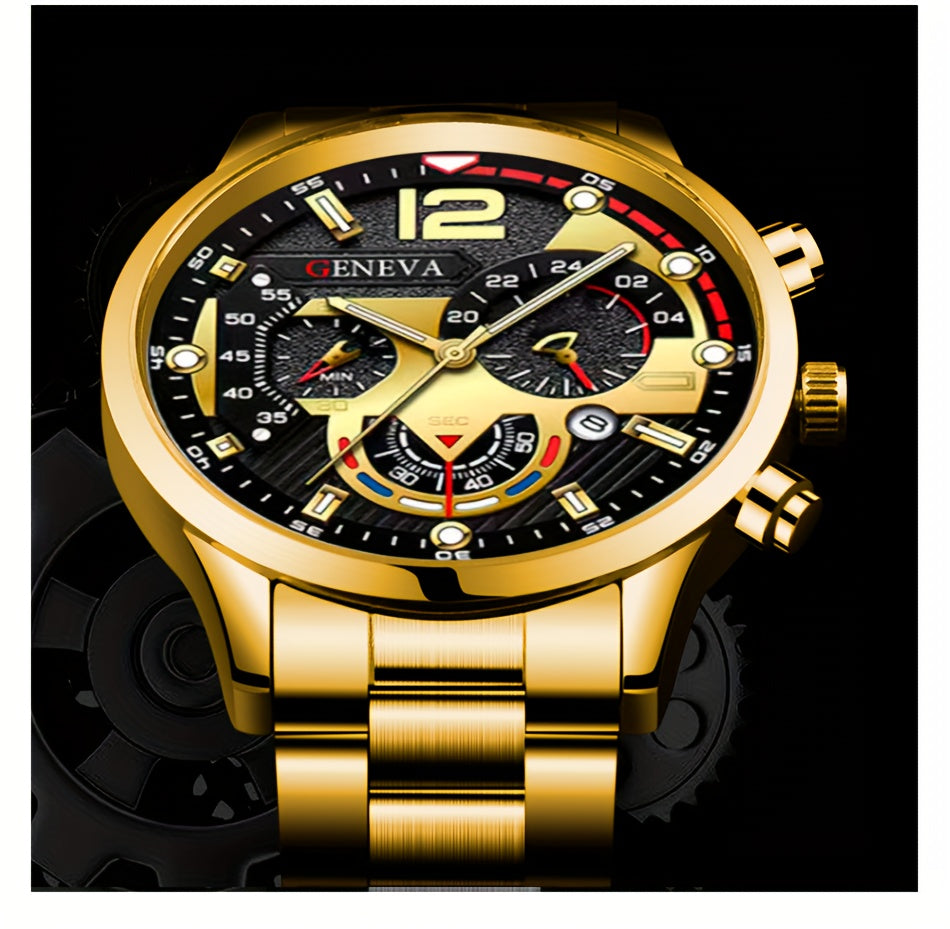 3pcs/set, Fashion Mens Business Stainless Steel Calendar Watches & Silvery Bracelet Cross Pendant Necklace