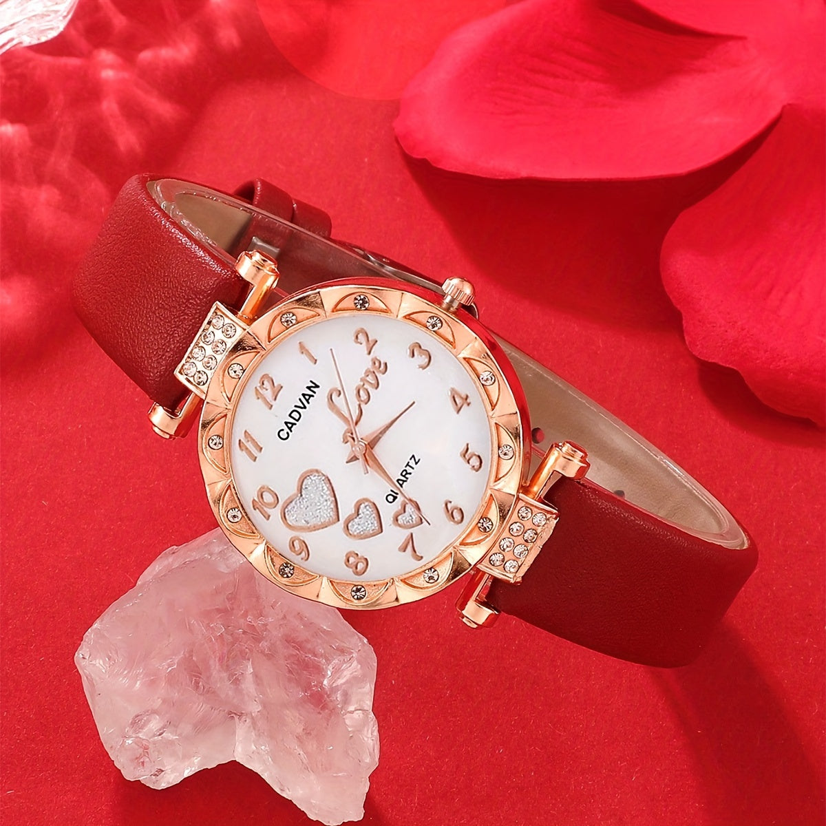 5pcs/set Adorable Heart Womens Watch - Glamorous Rhinestone Quartz Analog Wrist Watches & Jewelry Ensemble - Sparkling Timeless Accessories, Ideal Gift for Her