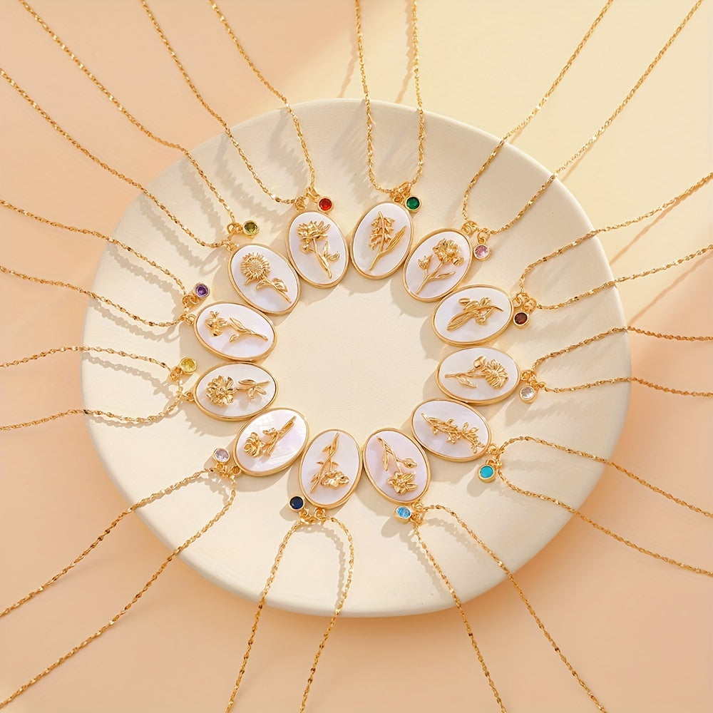 1pc Vintage Elegant 3D Birth Flower Pendant Necklace, 14K Golden Plated Copper with Synthetic December Birthstone, Oval White Shell Charm for Daily & Gift Occasions, Valentine'S Day Jewelry