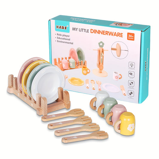 22pcs Play Kitchen Accessories Wooden Toys For Kids 3+, Kids Kitchen Play Set Wooden, Toys Pretend Play Kitchen Set For Kids 3+, Realistic Dishes Presents For Girls Boys