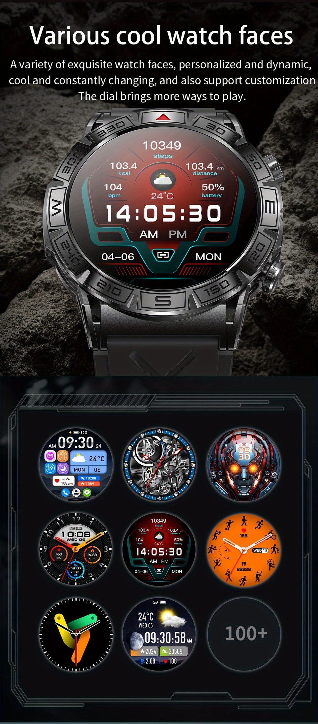 2024 New Outdoor Sport Smart Watch Men Women 1.43" AMOLED 450mAh Battery Wireless Calls SMS Notification Monitoring GPS Track+Altitude+Barometric Pressure+Compass+Flashlight Smart Watches For Android Iphone