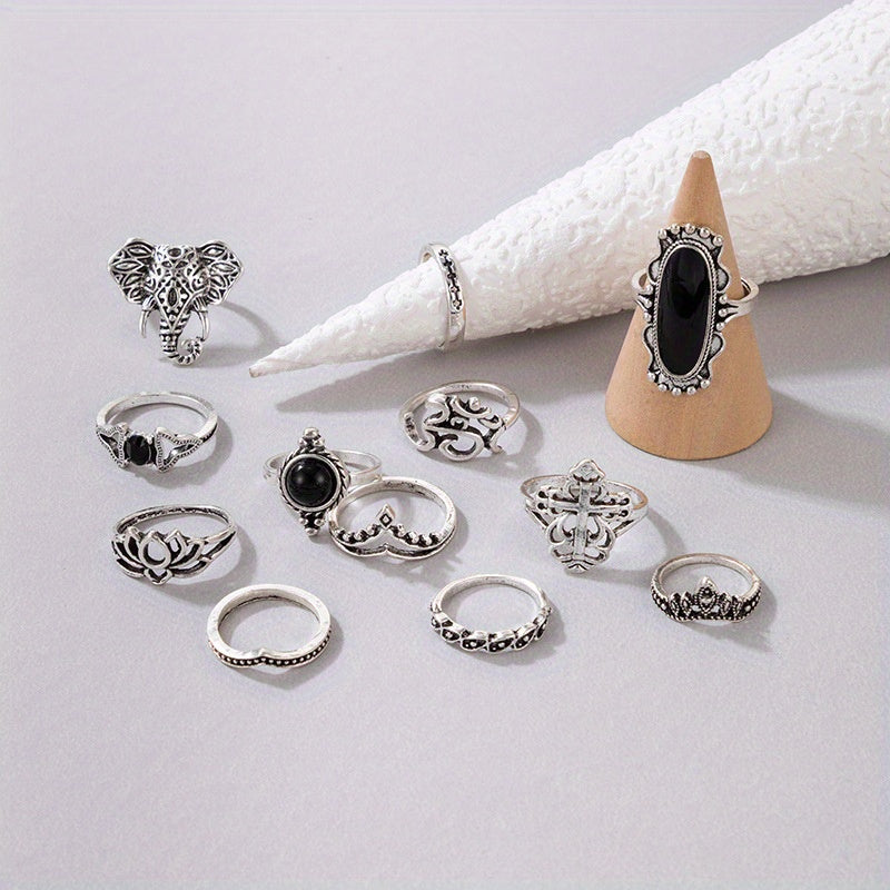 12pcs Gothic Style Stacking Rings Trendy Cross/ Lotus/ Crown Design Mix And Match For Daily Outfits Perfect Accessories For Cool ladies