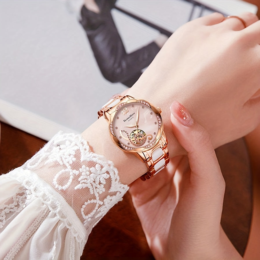 Stunning Rose Golden White Alloy Elegant Casual Style Hollowed Out Mechanical Watch for Women - Girls Watches with Timeless Design, Precise Movement, and Durable Construction - Perfect Accessory for Any Occasion