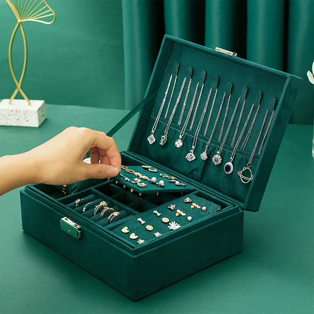 Vintage Glamour Jewelry Organizer Box - Spacious Dual-Level Storage with Lock, Safeguard Your Necklaces, Watches & Earrings in Style