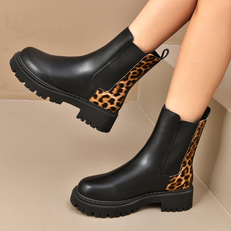 Round-toe Chunky-heel Patchwork Casual All-matching Boots