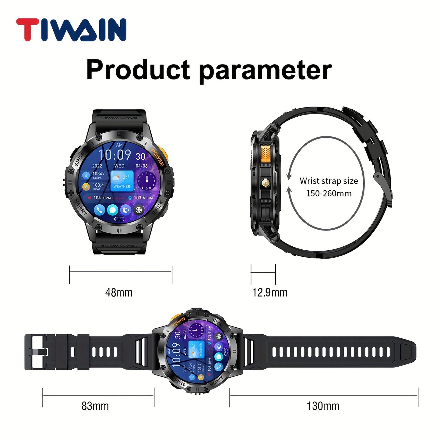 [Smart Watch] Tiwain Smart Watch | 1.43" Full Touch AMOLED Screen, 100+ Sport Modes, Flashlight, Answer Calls Wirelessly, Compatible with Android Phones and iPhone