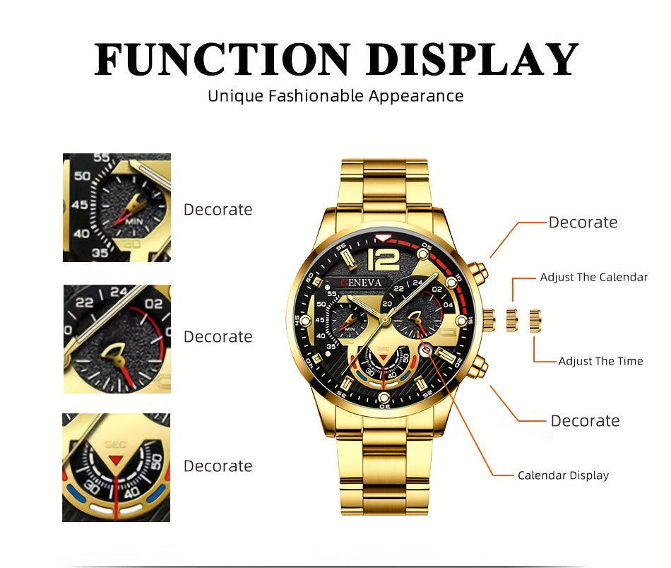 3pcs/set, Fashion Mens Business Stainless Steel Calendar Watches & Silvery Bracelet Cross Pendant Necklace