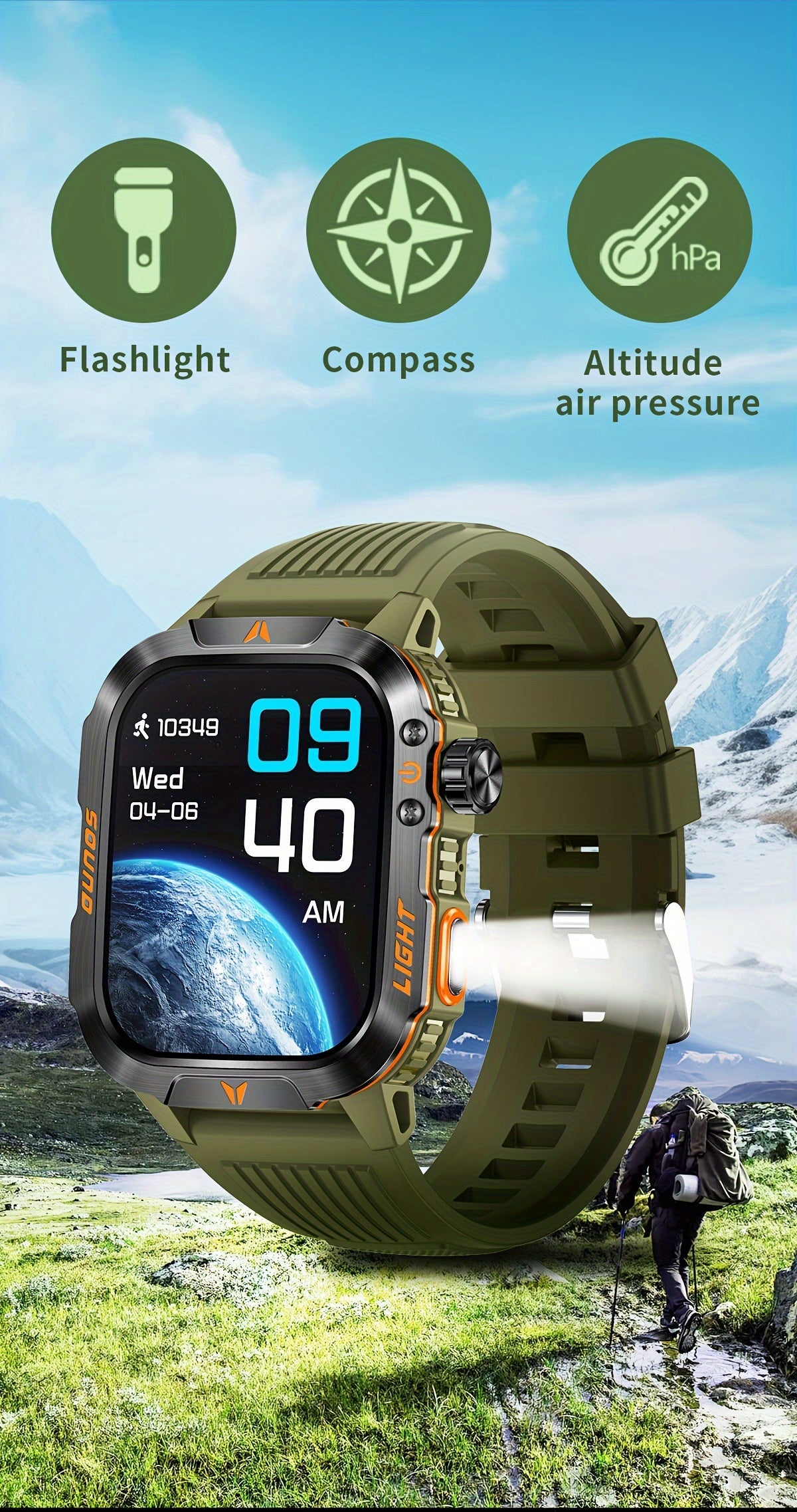Outdoor smart watch, wireless calling, sports watch, compass, altimeter, barometer, LED flashlight, IP68, pedometer, fitness tracker, multimedia information viewing, weather 100+ sports modes, suitable for Android iPhone, Men