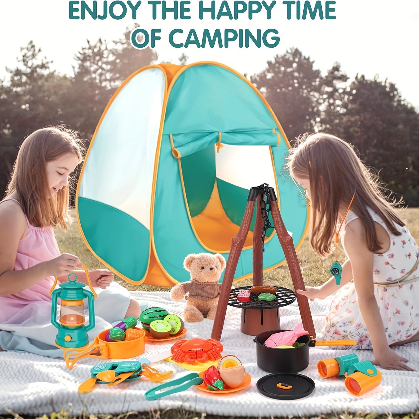 Kid Camping Games, Outdoor Toys For Kids 3-5, Camping Tool Pretend Role Play Toys With Kids Tent/Campfire/ Telescope/Play Food/Whistle/Oil Lamps, 3 4 5 6 Year Old Boy Girl Gifts