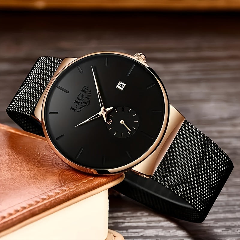 LIGE Minimalist Casual Men's Watch with Stainless Steel Mesh Belt. Leisure Fashion Men's Business Quartz Watches. Waterproof Calendar Wristwatch. Suitable for Gifts to Men.