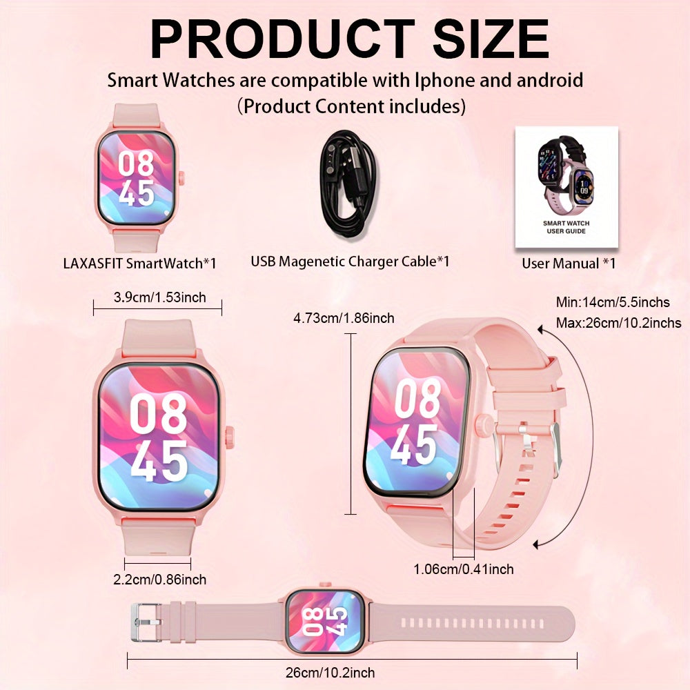 ساعة LAXASFIT الذكية بشاشة لمس كاملة 2.01 بوصة - مقاومة للماء IP68، لاسلكية 5.3، متتبع لياقة بدنية مع تنبيهات للمكالمات والرسائل النصية، أكثر من 100 وضع رياضي، شحن USB، متوافقة مع أجهزة Android/iPhone - تصميم أنيق للرجال والنساء، ساعة ذكية