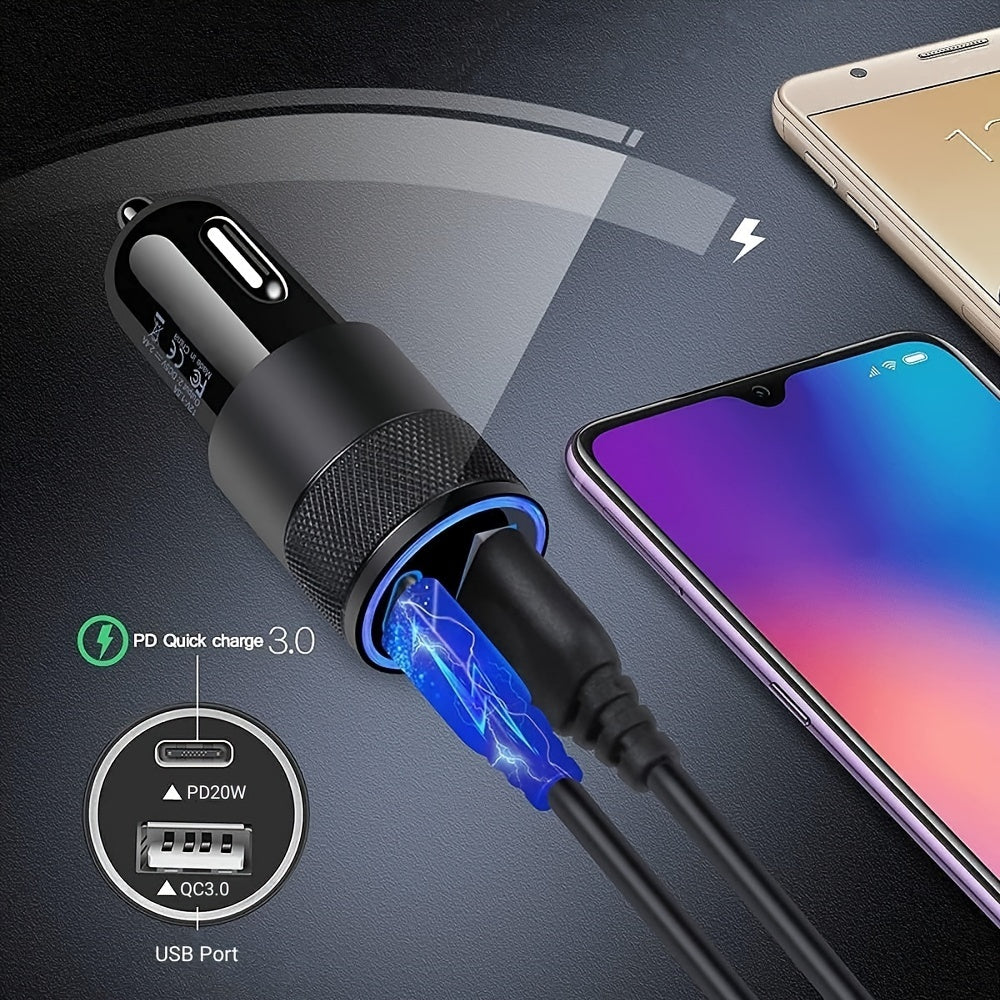 1pc USB A+C Dual Ports Mini Pull Ring Car Charger, Type-C Car Charger Mini Adapter For IPhone/Google/Huawei/Xiaomi/Android Phones