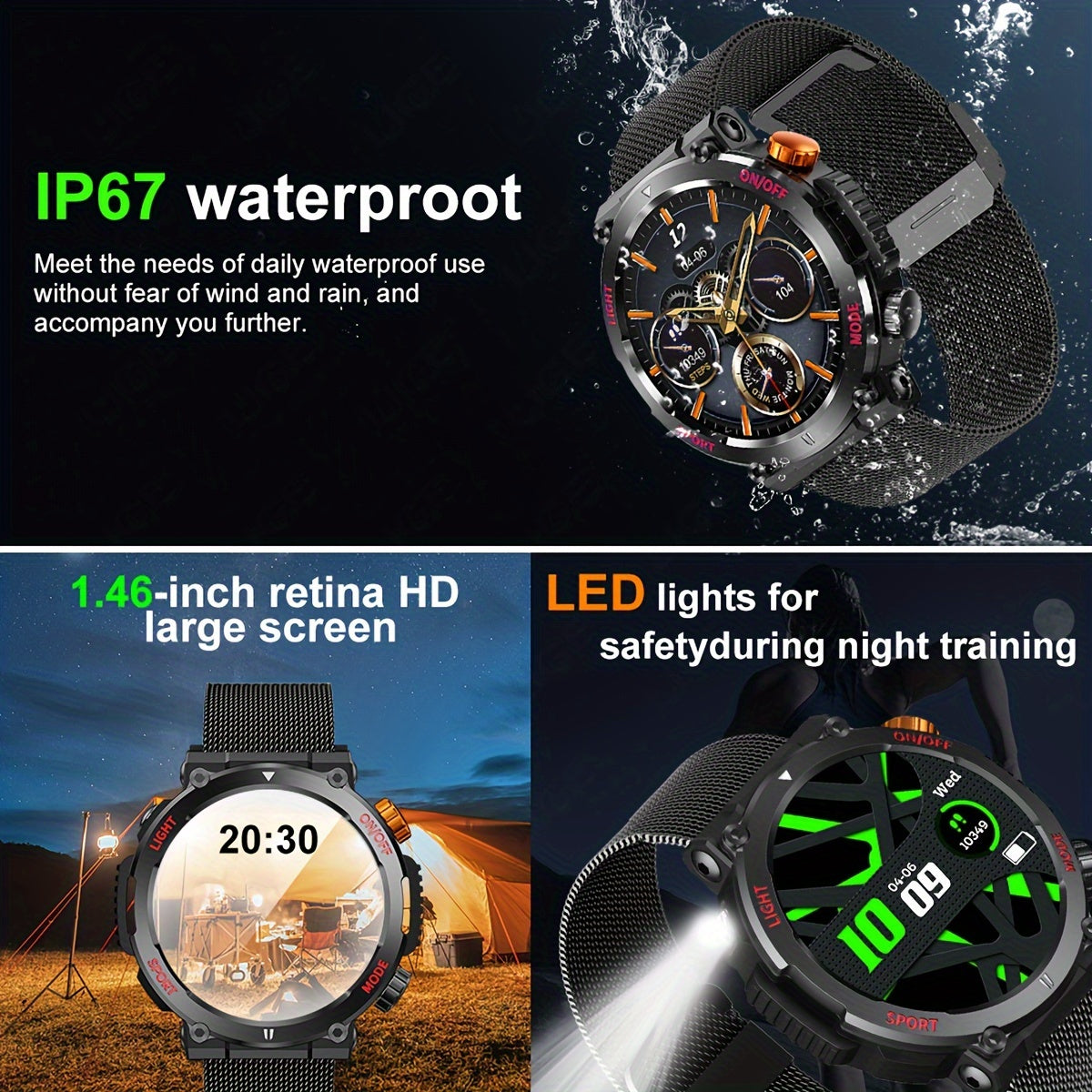 LIGE Smart Watch With 1.46" IPS High-definition Full Touch Screen/LED Lights/IP67 Waterproof/Customized Dials/Data/sports/sports Records/weather/information Reminders, Multi-functional Watches For Android And IPhone, Exquisit