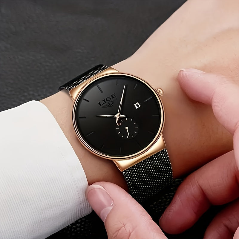 ساعة LIGE رجالية كاجوال بسيطة بحزام شبكي من الفولاذ المقاوم للصدأ. ساعات كوارتز رجالية عصرية وعملية. ساعة يد مقاومة للماء بتقويم. مناسبة كهدية للرجال.