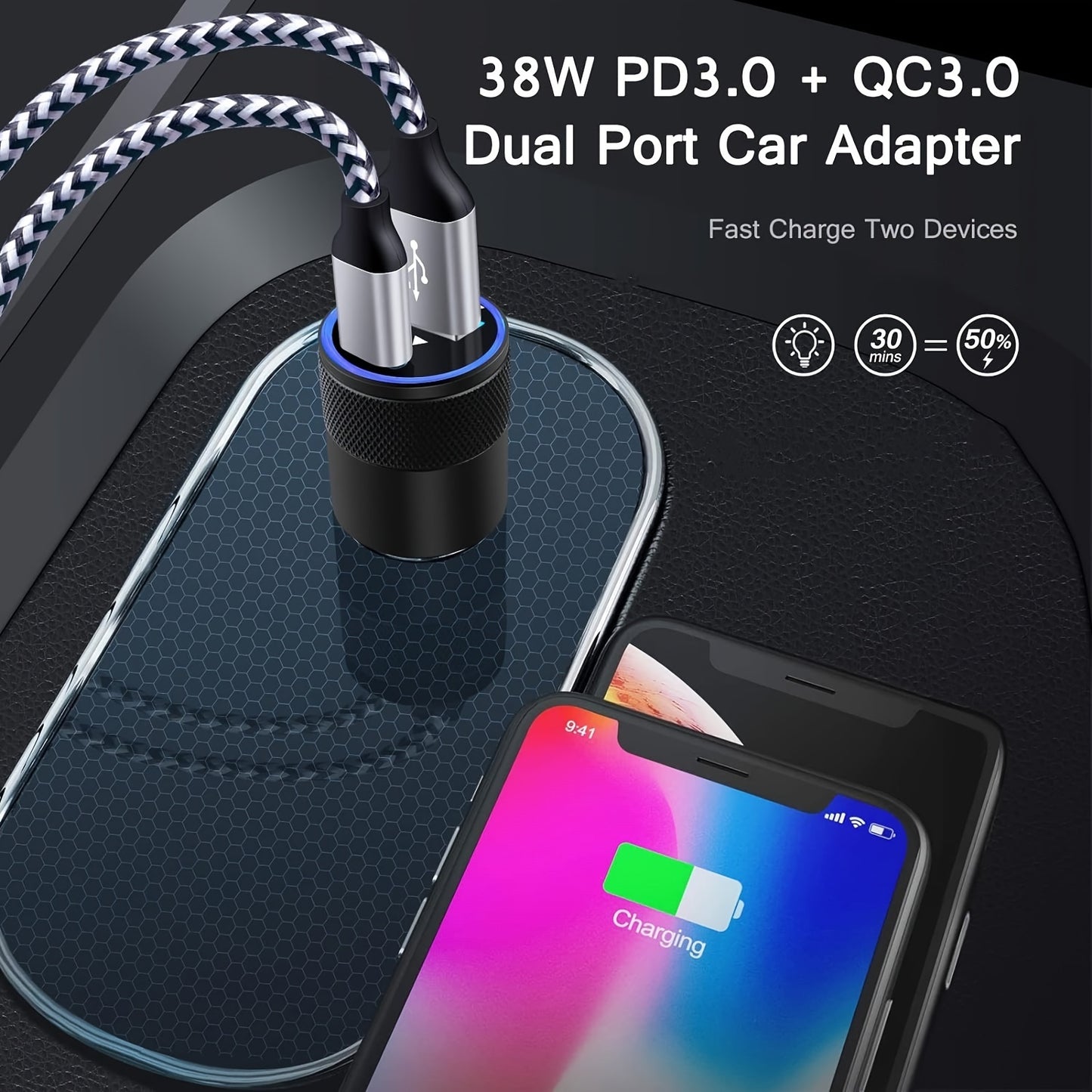 1pc USB A+C Dual Ports Mini Pull Ring Car Charger, Type-C Car Charger Mini Adapter For IPhone/Google/Huawei/Xiaomi/Android Phones