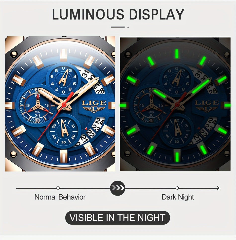 LIGE New Fashion Men's Watch. Chronograph Calendar luminous Quartzwatch. Outdoor Casual Waterproof Sports Watches. Suitable for giving to  Men.
