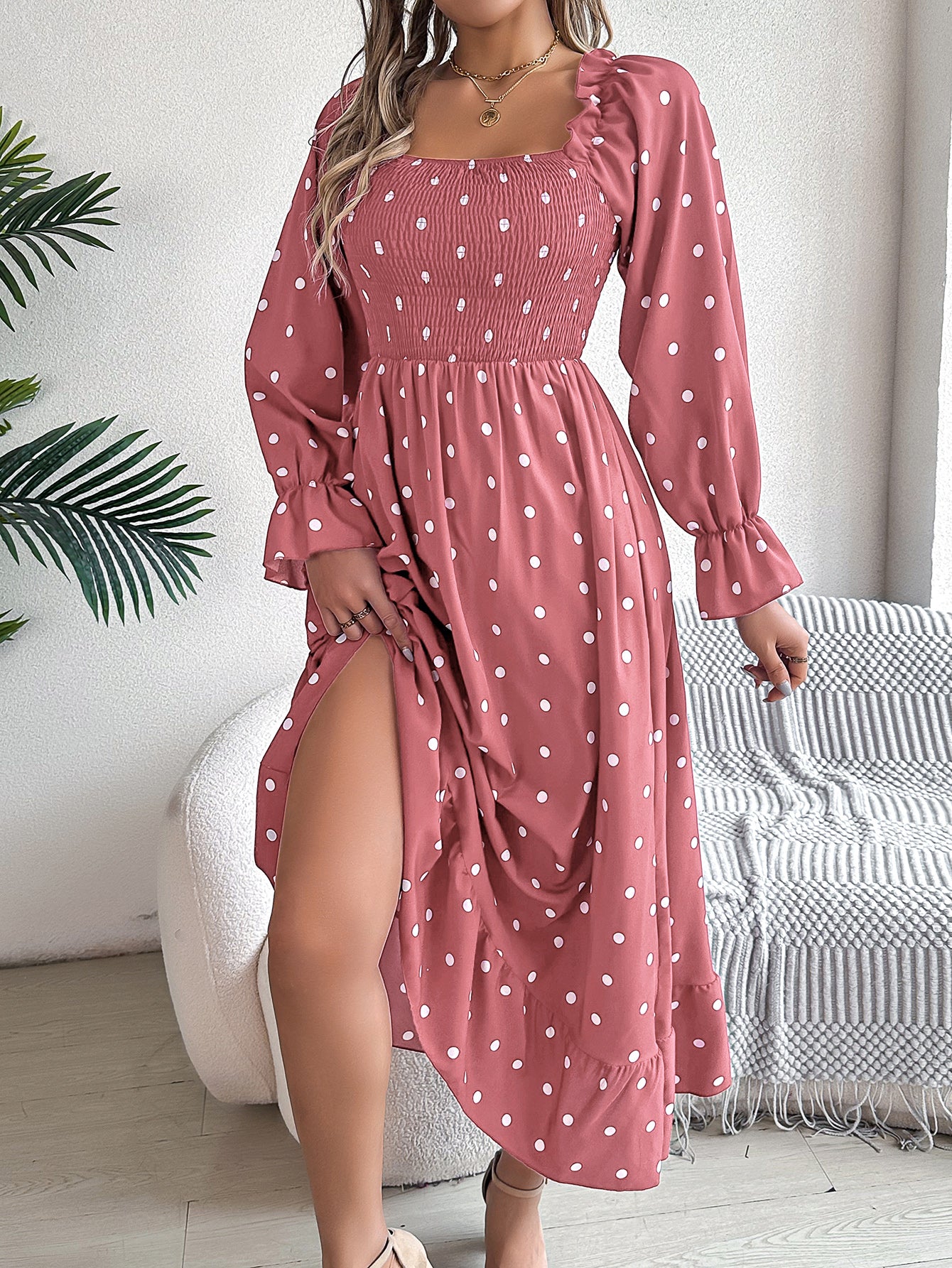 Women's Scalloped Hem Square Neck Polka Dot Flared Maxi Dress