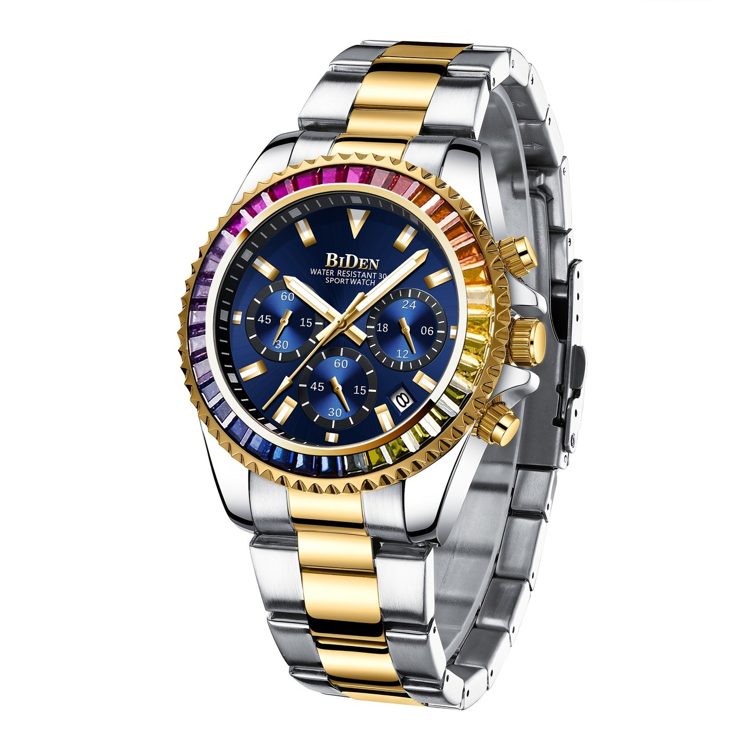 Mens Chronograph Stainless Steel Strap Waterproof Date Quartz Watch, Business Casual Wrist Watches