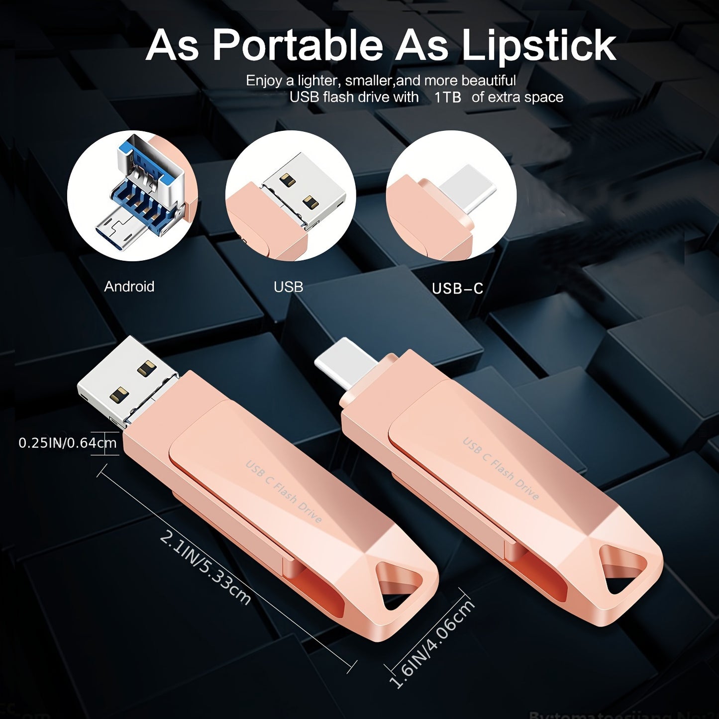 محرك أقراص فلاش USB C عالي السرعة سعة 1 تيرابايت - نقل بيانات فائق السرعة، عصا صور الهاتف، وحدة تخزين خارجية للهواتف التي تعمل بنظام Android وأجهزة كمبيوتر Mac-Book Pro والأجهزة اللوحية - تصميم صغير الحجم وردي اللون وأنيق مع هيكل متين