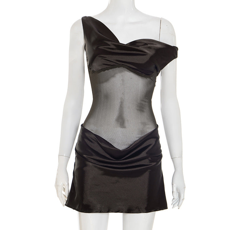 Sleeveless Sheath Mini Skirt With Mesh Panel Dress